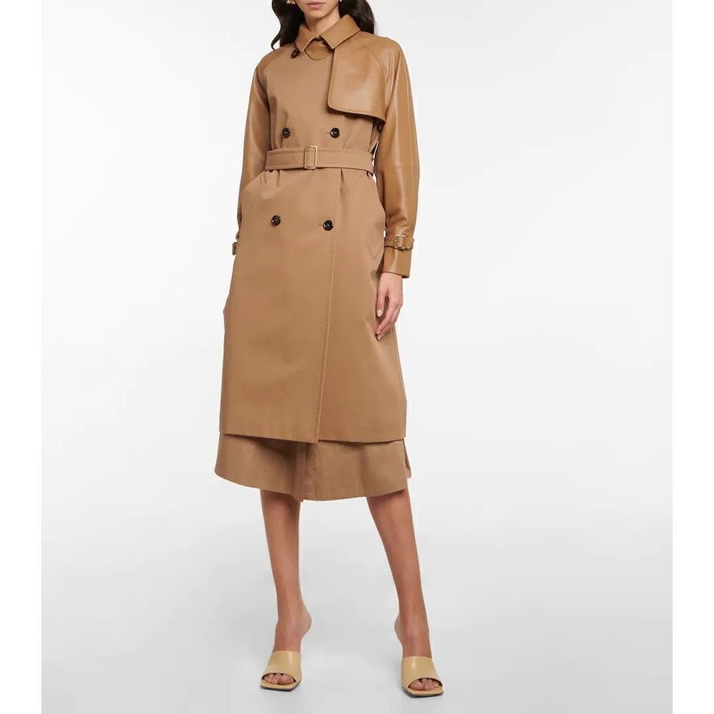 Max Mara Lichene Cotton & Leather Tan Belted Trench Coat Classic Size 8 - Picture 2 of 16